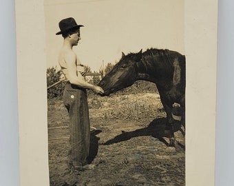 Man~Horse~Shadows~RPPC~Man Feeding Horse by Hand~Cigarette in Mouth~Photo Postcard