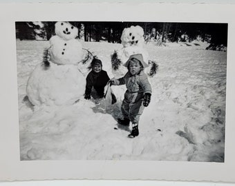 Snowmen with Pine Bough Arms~Vintage Photo~Two Cute Children and Two Fun Snowmen