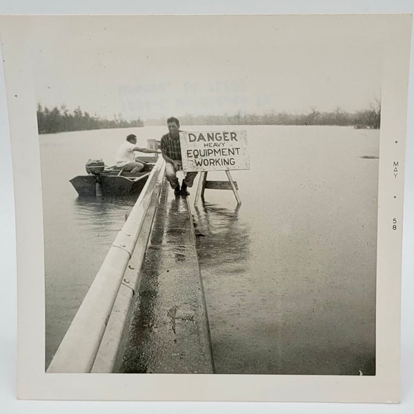 Danger Heavy Equipment Working~Vintage Photo~Man Posed by Sign~Another Man in Boat~Id'd