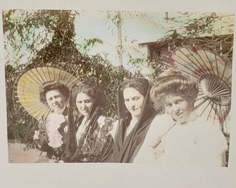 Hand Colored RPPC~Four Women~Two with Parasols~Photo Postcard