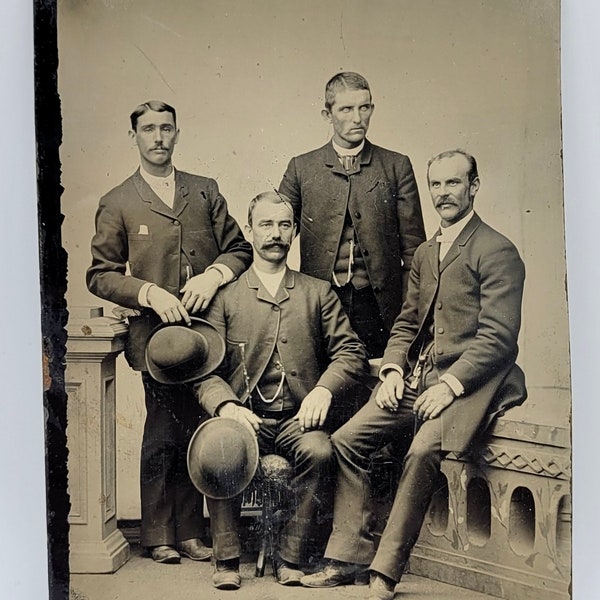 Quarter Plate Tintype Photo~Four Men Posed in Studio~Two Holding Hats