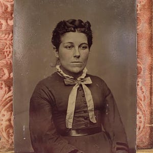 Woman with Neck Bow~Tintype Photo~Seated Victorian Woman Posed in Studio