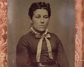Woman with Neck Bow~Tintype Photo~Seated Victorian Woman Posed in Studio
