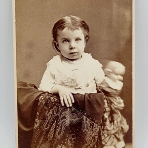 Little Girl with Doll~CDV Photo~Young Child Holding Doll Blurry from Motion