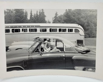 Convertible & Trailways Bus~Vintage Photo~Men in Convertible~Three Lanes of Traffic~Nice Perspective