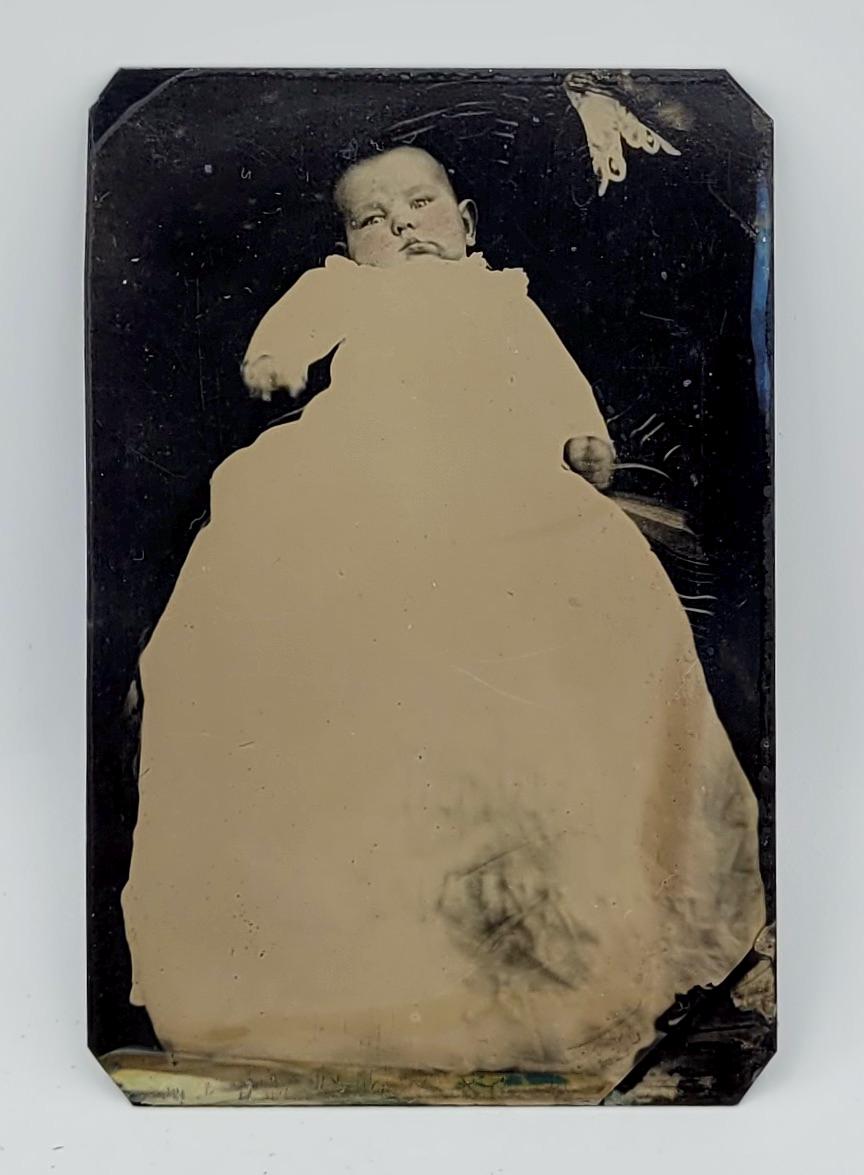 Lace Collar of the Hidden Mother~Tintype Photo~Baby with Long Gown