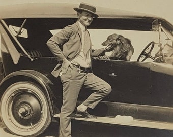 Dog Drivers Seat of Old Auto~Vintage Photo~Man Posed Outside of Car
