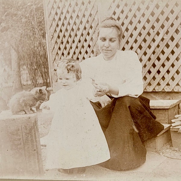 Mother Child & Kitten~Antique Mounted Photo~Posed Outdoors~Kitten on top of Box