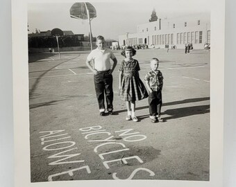 No Bicycles Allowed~Vintage Photo~Three Cute Kids School Playground