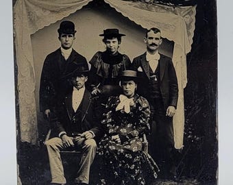Makeshift Backdrop with Draped Curtain~Tintype Photo~Men and Women