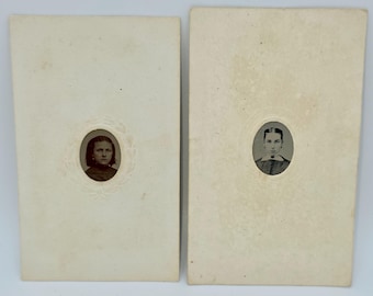 Two Gem Size Tintype Photos~Young Women~Embossed Borders