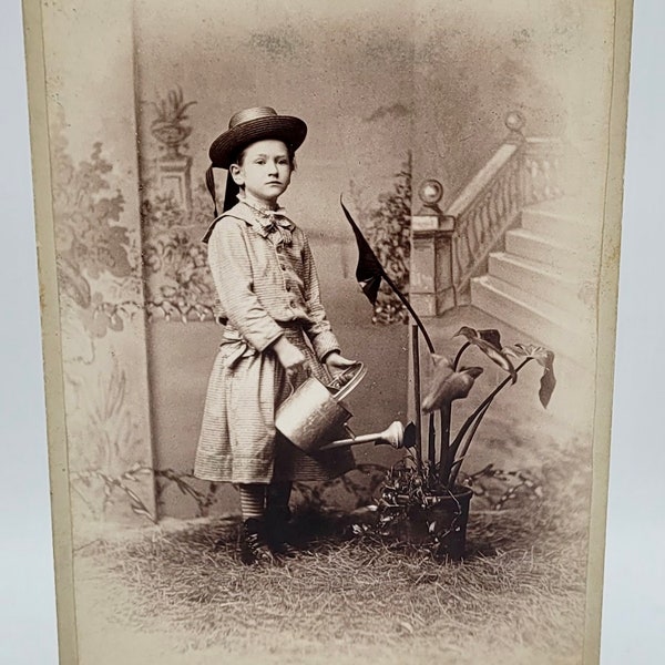 Little Girl with Watering Can~Cabinet Card Photo~Girl Posed in Studio "Watering Plant"