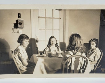 Girls Having Dessert at Table~Vintage Photo~Shadows~Old Wall Telephone~1933
