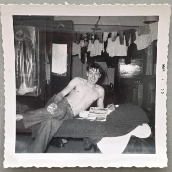 Shirtless Handsome Guy with Cigarette Vintage Photo, Laundry Hanging, Automobile Magazine
