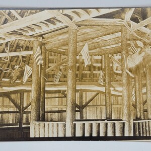 RPPC U.S. Flags~Taxidermy Mounted Deer Heads Antlers~Lodge Interior