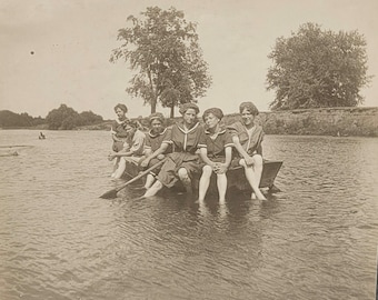 Women in Rowboat~Antique Photo~Wearing Edwardian Era Swimming Suits & Bathing Caps