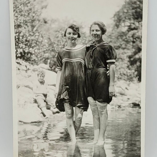 Standing in the Stream~Vintage Photo~Two Young Women in Bathing Suits~Beautiful Image