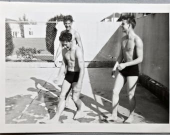 Young Men Swimsuits Vintage Photo at the Pool, Shadows on Cement