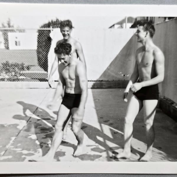 Young Men Swimsuits Vintage Photo at the Pool, Shadows on Cement