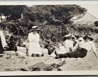 At the Beach Young Edwardian Women RPPC Sitting in the Sand