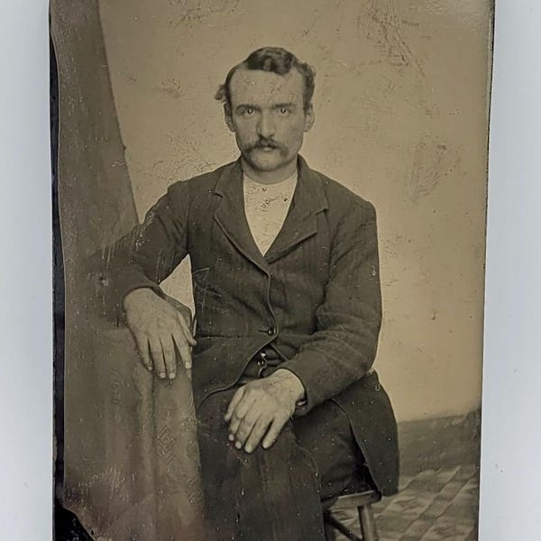 Tintype Photo  Man with Mustache Lightly Hand Tinted Cheeks