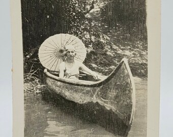 Woman in Canoe~Deco Era Photo~Holding Parasol~Vintage Snapshot