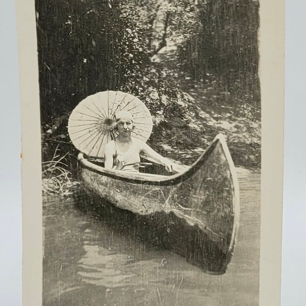 Woman in Canoe~Deco Era Photo~Holding Parasol~Vintage Snapshot