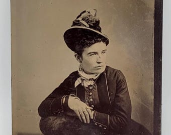 Rings on Her Fingers~Tintype Photo~Woman Victorian Jewelry Fancy Hat~Side Gaze