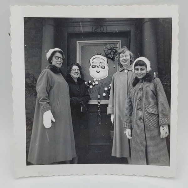 Santa on the Door~Vintage Photo~Four Women Posed Outdoors with Xmas Door Decorations