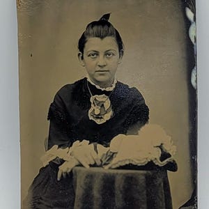 Girl Wearing Locket~Tintype Photo Older Victorian Girl~Hat on Table