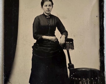 Tintype: Victorian Woman Posed by Classic Fringed Chair, No Frills Studio Setting