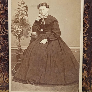 Hoop Skirt~CDV Photo~Seated Young Woman~Interesting Arrangement on Plant Stand