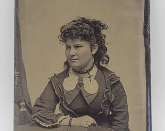 Curly Hair and Victorian Accessories~Tintype Photo~Woman Tinted Cheeks~Cross Pendant~Cameo