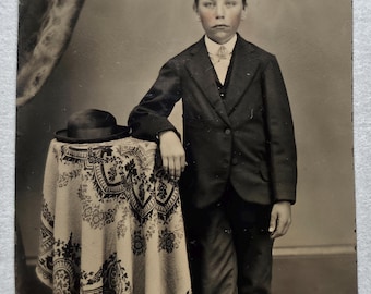 Handsome Boy Standing in the Studio Tintype Photo His Hat on the Table