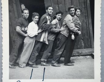 Pushing Uphill Fun Pose Vintage Photo Young Men & Women