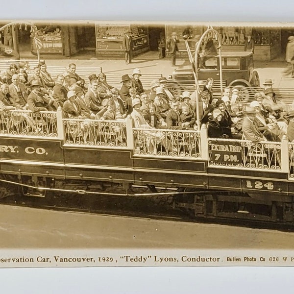 Panorama Souvenir Photo~Vancouver 1929~B.C. Electric Observation Car Full of Passengers