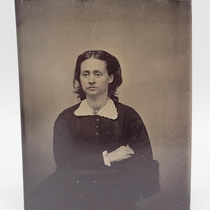 Tintype Photo Victorian Woman~Austere Studio Setting~Lightly Hand Tinted Cheeks