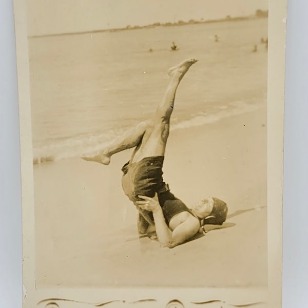 Man Swimsuit Feet in the Air on Beach RPPC Little Memories, Recuerdo de Pocite
