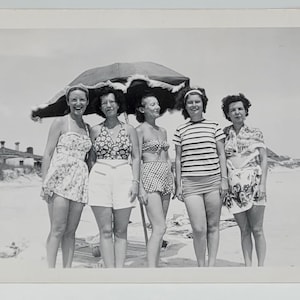 At the Beach~Vintage Photo~Five Women Posing by Beach Umbrella