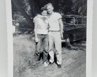 Blurry Romance~Vintage Photo~Young Couple~Arm Around Her~Car Background