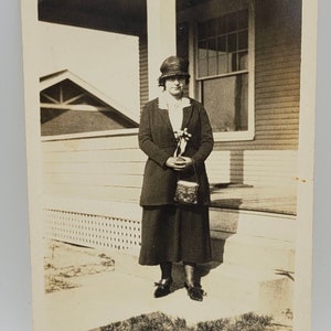 Deco Era Photo~Woman Wearing Hat Posed Outdoors Holding Purse~Her Shadow on the Steps