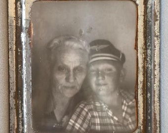 Vintage Photomatic Photo Older Woman & Boy Wearing Cap~Grandmother Grandson