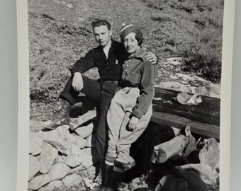 The Hikers Vintage Photo Young Couple, Woman Knit Hat Hiking Clothes