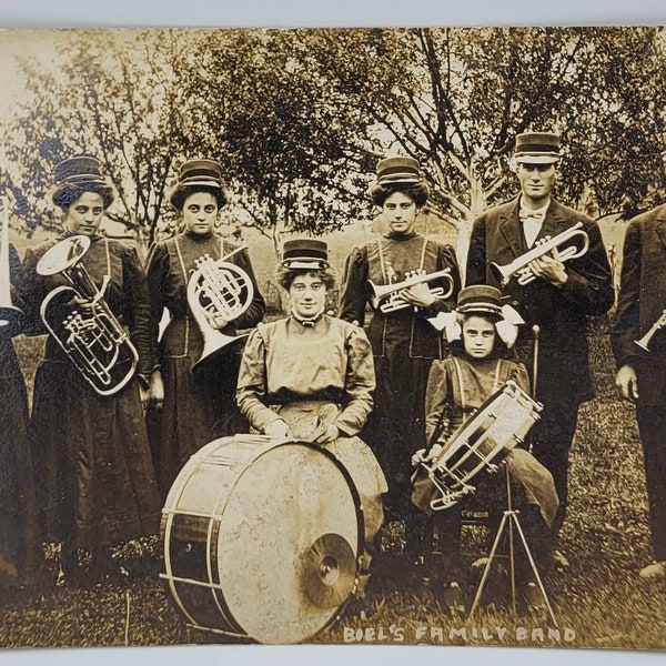 Biel's Family Band~RPPC~Trombone~French Horn~Trumpets~Clarinet~Drums~5 Women~Girl Snare Drum~Two Men