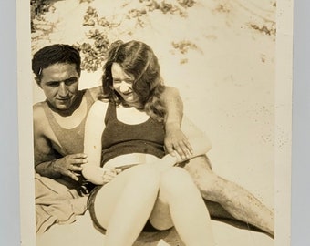 Arm Around Her on the Beach~Vintage Photo~Man and Woman Posed in Bathing Suits on the Beach