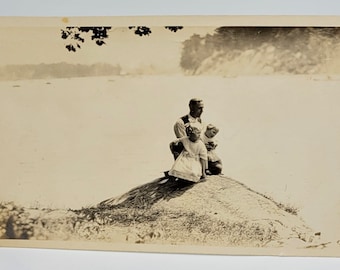 Vintage Photo~Father & Two Children~Outdoors Lake in Background