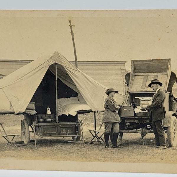 RPPC Tent Camping~Man & Woman~Spiffy Set Up Circa 1910~Photo Postcard