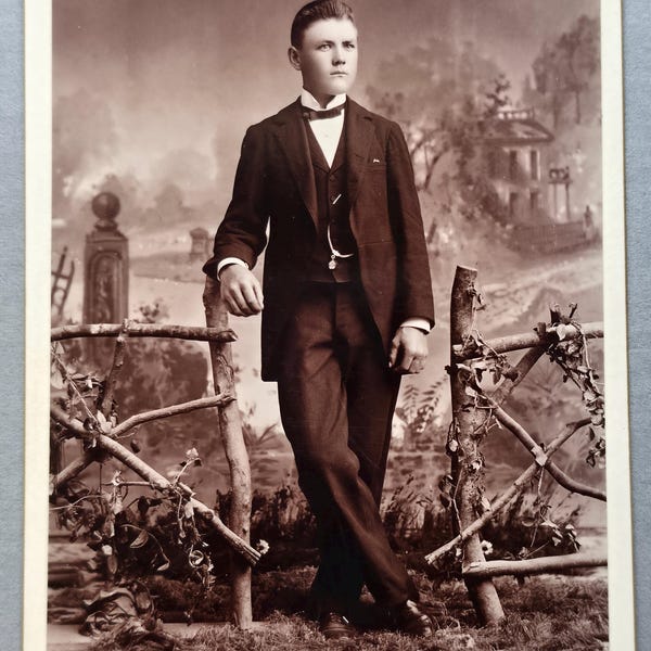 Handsome Young Man Posed by "Tree Branch Gate" Cabinet Card Photo, House & Dreamy Backdrop