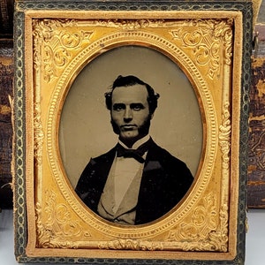 Antique Ambrotype Cased Photo~Man with Mutton Chops~Leatherette Embossed Case