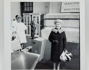 A Two Purse Gal~Vintage Photo~Woman Holding Two Purses~Luggage~Phone Booths~Ship Lines